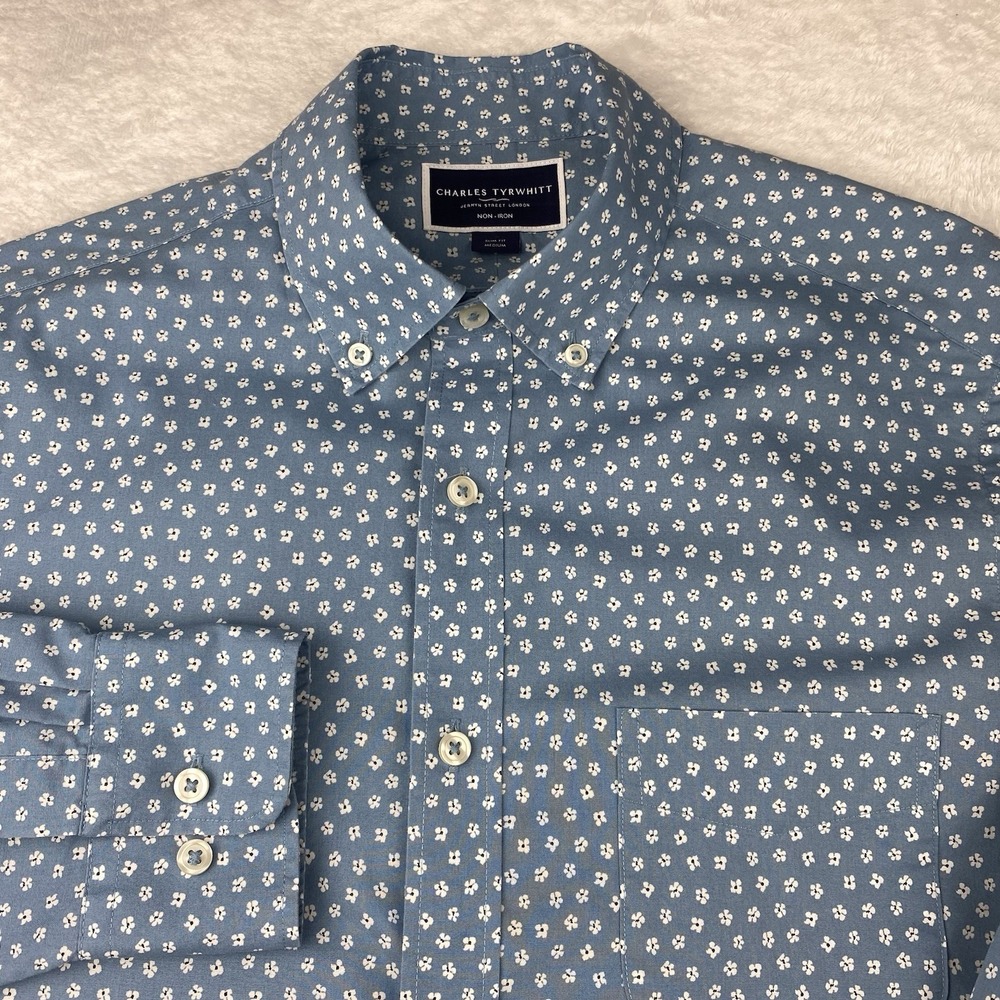 Charles Tyrwhitt Shirt Mens Medium Blue Floral Print Slim Fit No Iron